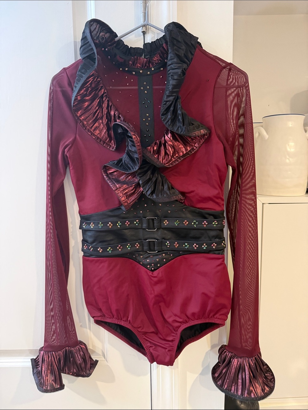 Burgundy Ruffle Long-Sleeve Bodysuit with Decorative Waistbands